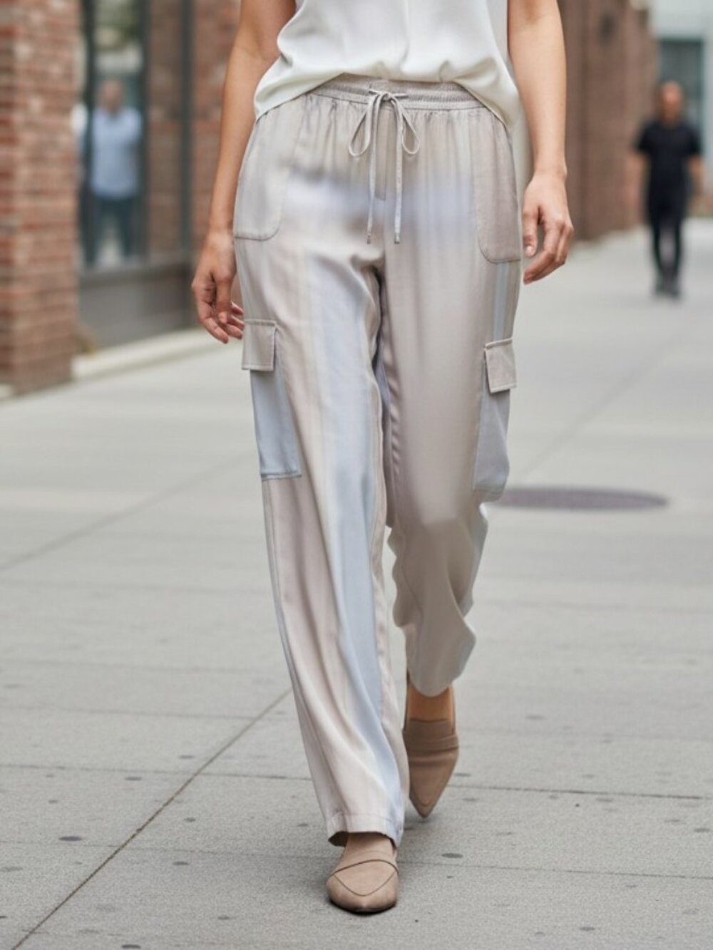 Tahari Silk Wide Leg Cargo Pants Colorblock Blush Blue Drawstring Waist